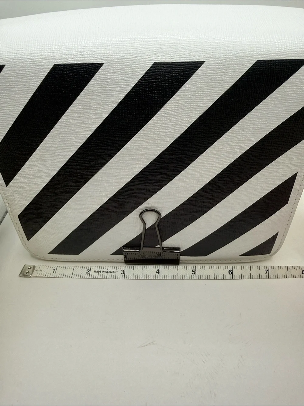 Off-White Inspired White & Black Diagonal Stripe Crossbody Bag with Yellow Strap